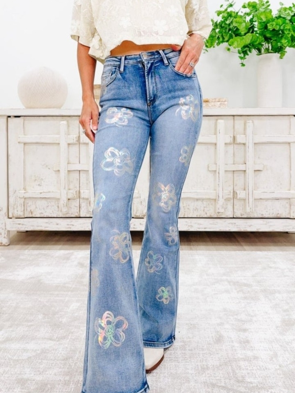 Oli & Hali Light Blue Flare Jeans with Iridescent Floral Accents